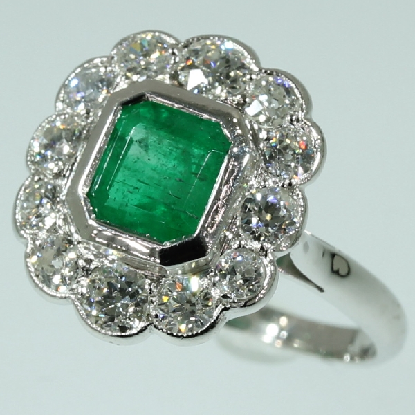 Interbellum Art Deco diamond and emerald estate engagement ring